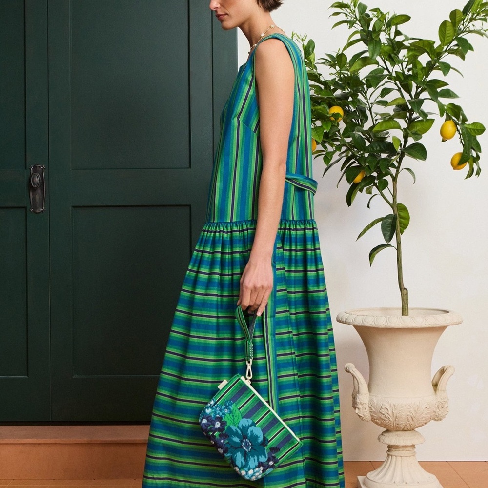 Alemais Margo Midi Green Striped Sleeveless Belted Dress - Picture 4 of 11